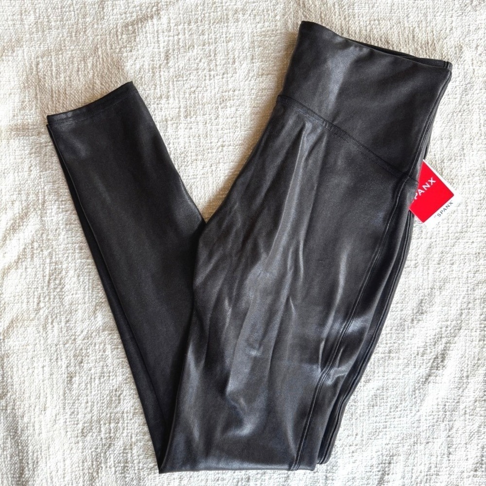 SPANX Faux Leather Leggings Black High Waisted Pants Sz. L NWT‎